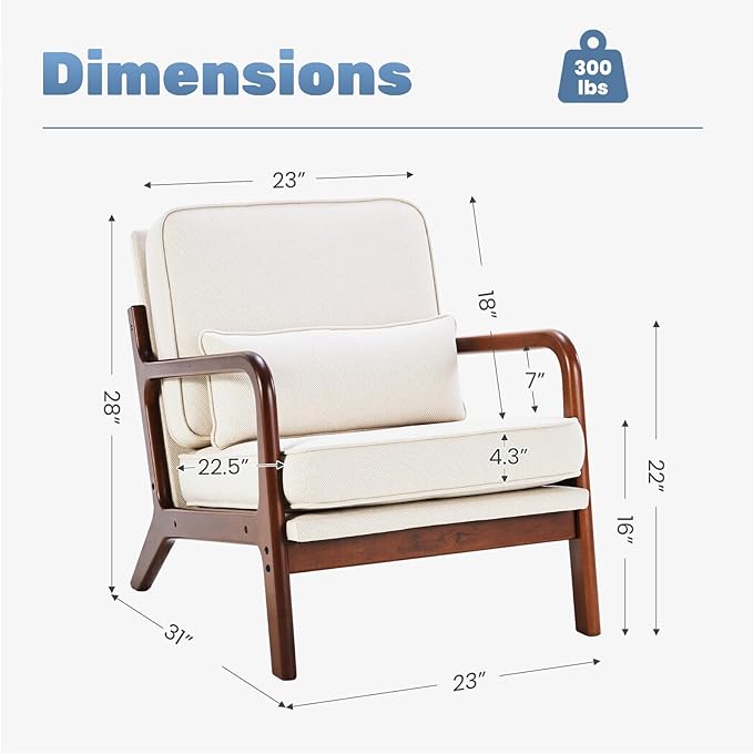 DUMOS Mid Century Modern Chair, Accent Chair with Arms and Waist Cushion, Reading Chairs for Adults, Lounge Chair for Living Room and Bedroom, Solid Wooden Frame, Cream