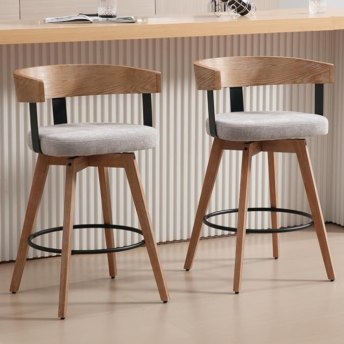 DUOMAY Swivel Bar Stools Set of 2, 26" Counter Height Bar Stool with Footrest Modern Wood Barstools with Linen Upholstered Seat Counter Stools for Kitchen Island Home Bar, Grey