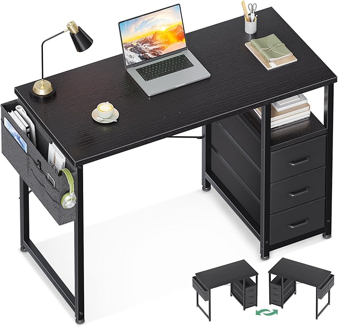 AODK 40 Inch Small Computer Desk with Fabric Drawers, Kids Study Desk for Bedroom, Home Office Desk with Storage Shelf & Bag for Small Space, Black