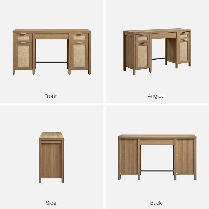 SICOTAS Home Office Desk with Storage - Rattan Executive Desk with Drawers and Cabinets, Farmhouse Large Computer Writing Table for Study, Office, Living Room, Oak (2 Pieces)
