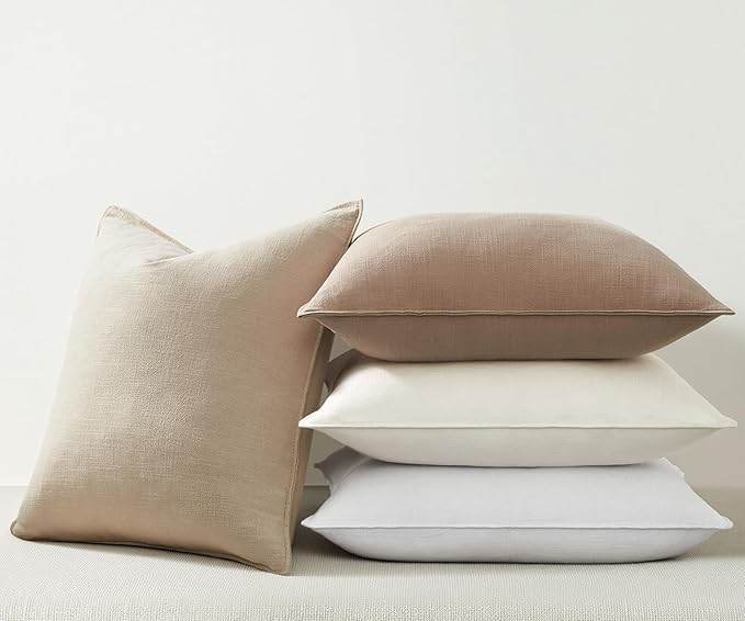 Neutral Pack of 4 Solid Linen Pillow Covers Decorative Modern Press Edge Design Throw Pillow Covers Soft Accent Boho Couch Pillowcases Farmhouse for Living Room Bed Sofa 16x16 Inch