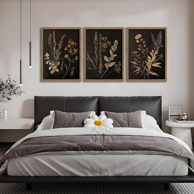 Yudinbin Vintage Dark Botanical Canvas Wall Art Set of 3 Moody Floral Prints with Wood Frame Dark Plant Academia Aesthetic Gallery Painting Wall Decor for Living Room Bedroom or Office 16x24 Inch