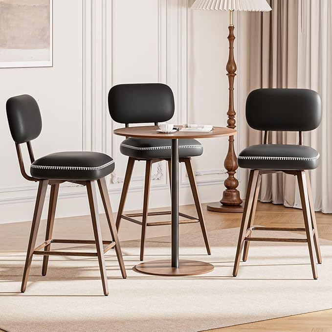 MALOL 26“ Swivel Bar Stools Set of 3, Mid Century PU Leather Counter Height Bar Chairs with Low Back and Metal Legs, Modern Bar Stool Chair for Kitchen Island, Black