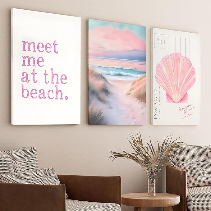 Yudinbin Framed Pink Beach Preppy Coastal Canvas Wall Art Girls Aesthetic Room Decor Painting Poster Print for Girls Bedroom Dorm Home 16x12 in