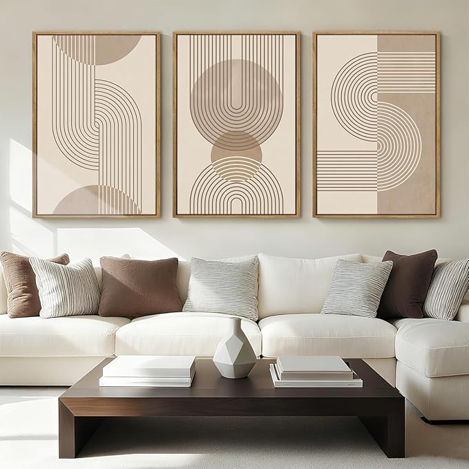 Anyzal Large Neutral Boho Framed Wall Art,Modern Mid Century Wall Decor Canvas,Beige Minimalist Art Print Abstract,Geometric Neutral Artwork Boho for Home Living Room Bedroom Office Set of 3 16''x24''
