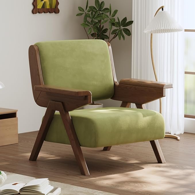 Accent Chair Mid Century Modern Chair, Velvet Upholstered Lounge Arm Chair with Solid Wood, Cozy Reading Chair for Living Room, Bedroom, Balcony (Green, Single Chair)