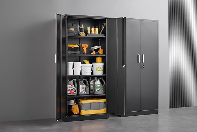 Approgreent Metal Storage Cabinet with Adjustable Shelves, Garage Cabinet with 2 Lockable Doors, Garage Storage Cabinet, Kitchen Pantry Cabinet - 71'H, Black
