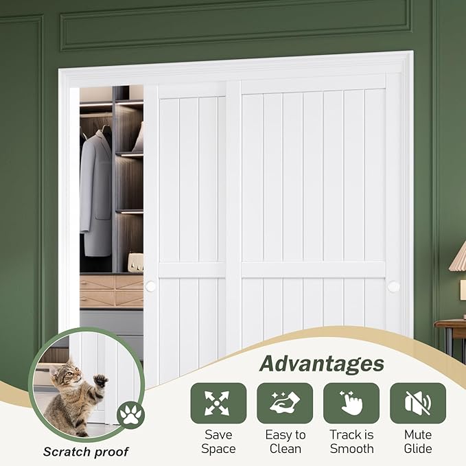 FREDBECK Sliding Closet Doors 72x80(Double 37inch),Bypass Barn Door with Hardware,for Bedroom,White,H Frame,Assemble Required