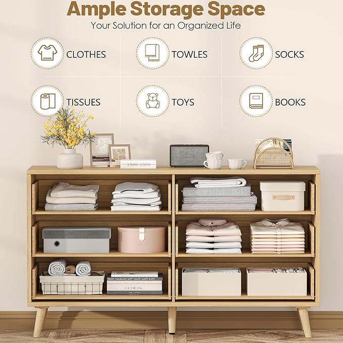 Rovaurx Rattan 6 Drawer Double Dresser for Bedroom, 47.2" Wide Boho Chest of Drawers, Modern Wooden Dresser Chest with Golden Handles, Beside Table for Closet, Living Room and Entryway, Natural Oak