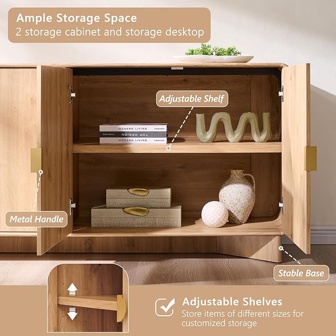 IFGET Modern Buffet Cabinet with Storage, 70" Large Sideboard Buffet Storage Cabinet with 4 Doors and Adjustable Shleves, Wooden Curved Coffee Bar for Dining Room, Kitchen, Living Room, Natural Oak