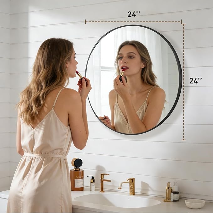 NEWBULIG 24 Inch Round Wall Mirror, Bathroom Mirror for Over Sink, Matte Metal Framed Circle Vanity Mirror, Wall Decor for Bedroom, Entryway, Anti-Rust, Tempered Glass, Hanging or Leaning, Black