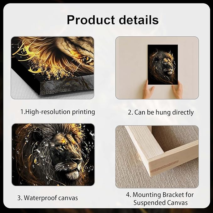 3 Piece Framed Canvas Wall Art, Modern Black and Gold Animal Canvas Wall Decor with Eagle Wolf and Lion, Set of 3 Wall Art for Living Room Bedroom Office Gaming Room, 12x16 Inch