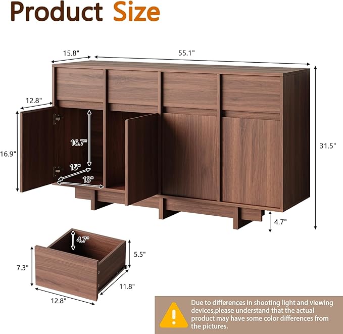 CHUWELL 55" Sideboard Buffet Cabinet,Walnut Coffee Bar Cabinet with 4 Sliding Doors and 4 Drawers,Minimalist Linear Design & Handleless Design Sideboard for Living Room