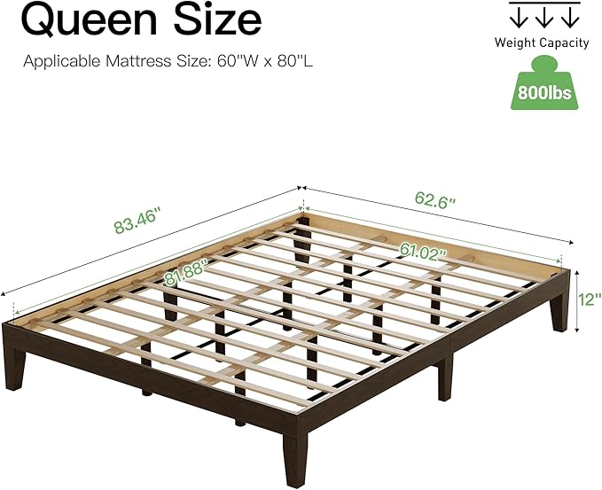 COLAMY 12 Inch Queen Size Platform Bed Frame，Sturdy Wood Bed Frame with Wood Slat Support, No Box Spring Needed, Easy Assembly(Espresso)