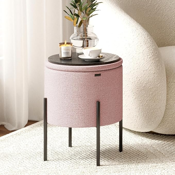 STORAGEBUD Round Ottoman with Storage, Boucle Storage Ottoman, Foot Stool Ottoman, Makeup Vanity Stool, Small Ottomans Foot Rest, Modern Ottomans for Living Room and Bedroom, Pink