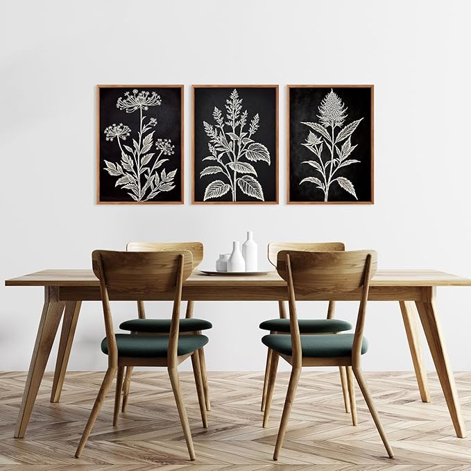HPNIUB Vintage Floral Framed Canvas Wall Art Set, Minimalist Botanical Wall Decor, Nature Inspired Wildflower Leaf Wall Painting, Neutral Artwork for Living Room, Office(Set of 3,12X16 Inch)