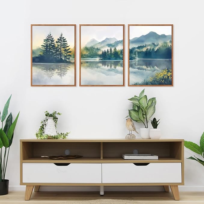HPNIUB Green Mountain Framed Canvas Wall Art Set, (12X16 Inch) Nature Foggy Forest Lake Reflection Wall Decor,Modern Pine Tree Artwork,Watercolor Landscape Art Print for Living Room,Bedroom,Office