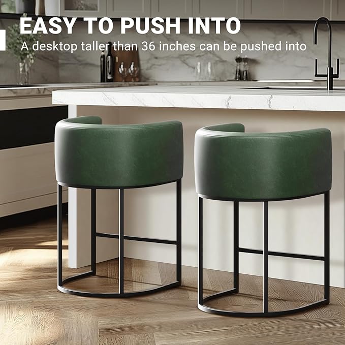 26" H Counter Height Bar Stools Set of 1, Modern Barrel Counter Stools with Backrest and Arms, Faux Leather Upholstered Accent Barstools for Kitchen Island,Support 450 LBS (Green)