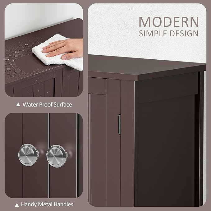 SUPER DEAL Modern Bathroom Floor Storage Cabinet with Adjustable Shelf and Double Door Rust Proof, Living Room Modern Home Furniture Storage Organizer Cabinet, Brown