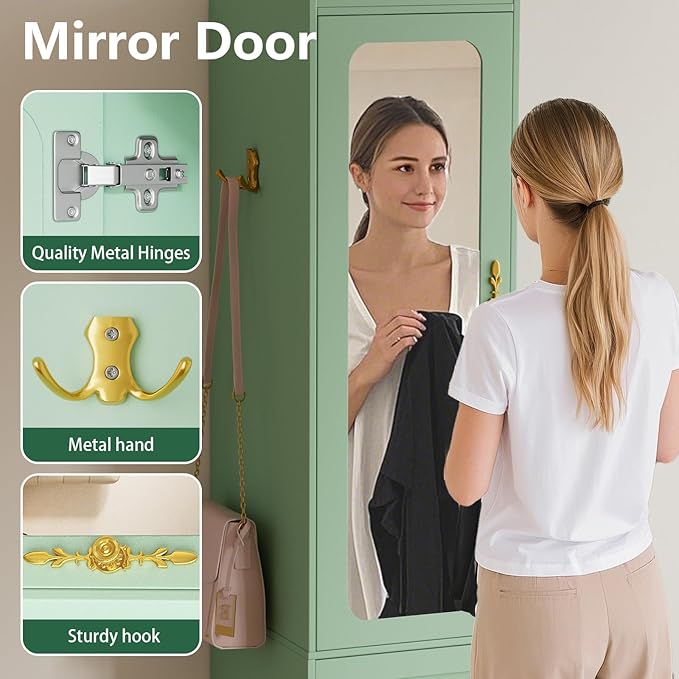 Armoire Wardrobe Closet, 69.5" H Wood Bedroom Cabinet with Mirror Door and 3 Drawers, Green Clothing Storage with Sensor Light and Hanging Rod for Bedroom - Left