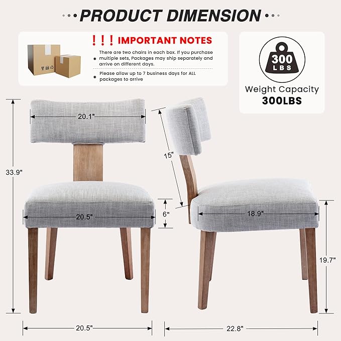 HNY Set of 4 Mid Century Modern Dining Chairs, Farmhouse Linen Fabric Upholstered Accent Chair Curved Backrest Kitchen Chairs, with Hardwood Frame, Grey