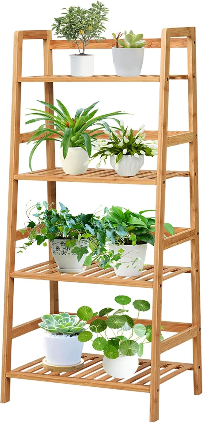 COSTWAY 4-tier Ladder Shelf, Bamboo Plant Stand Rack, Freestanding Bookshelf, Multifunctional Storage Shelves, Flower Stand Rack Holder for Garden, Balcony, Living Room, Bedroom (Natural)