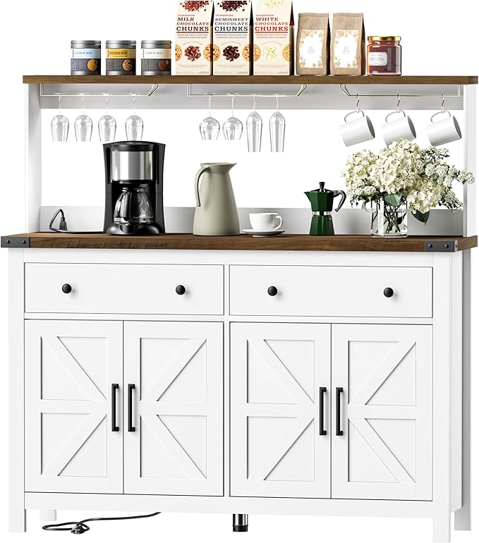 VVFLU Hutch Storage Cabinet Buffet with Drawers, and Charging Station, Coffee Bar Cabinet with Barn Doors, Wine Rack and Hooks, Countertop, Long Farmhouse, White, for Kitchen, Dining Room, 54.1" High
