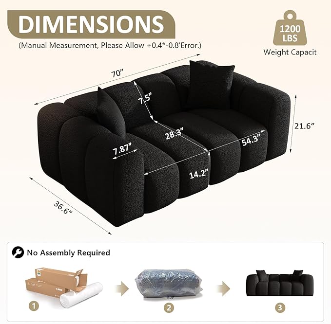 WHGBJA 70" Modern Chenille Fabric Sofa Couch – One-Piece Memory Foam 3-Seater Sofa with Rounded Arms, Soft & Cozy Upholstery for Living Room (Black)