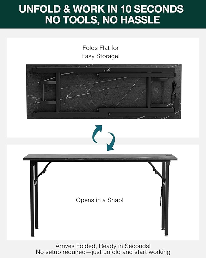 Frylr Small Folding Computer Desk – 55.1 Inch Portable Table for Craft and Study, Lightweight Desk for Small Spaces, Foldable Laptop Table Built-in AC/USB Outlets for Convenience, Marble Greige