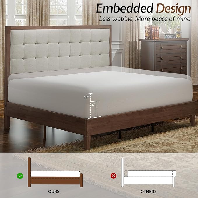 Jocisland Solid Wood King Size Bed Frame 50.2" Tall Upholstered Headboard, Mid-Century Style, Stable Platform Support, No Box Spring Needed, Walnut