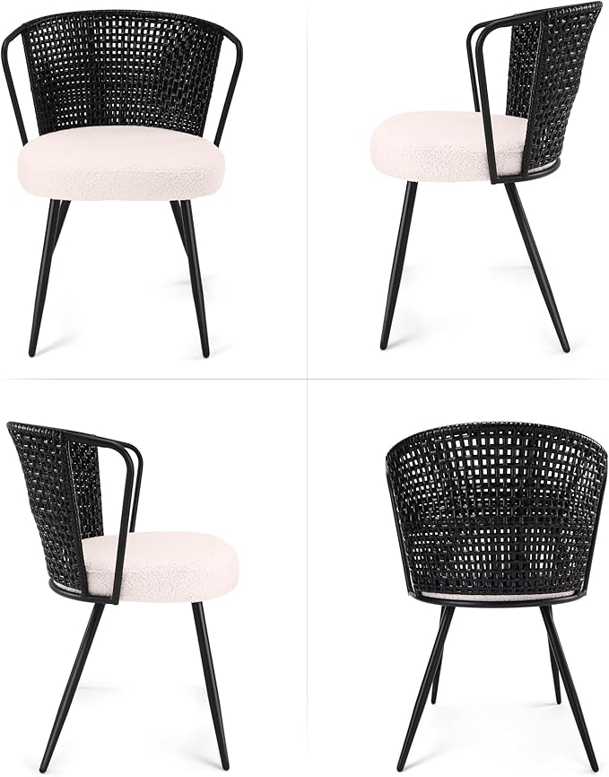BedsPick Rattan Dining Chair Set of 4 - Farmhouse Upholstered PE Rattan Kitchen Chair with Boucle Cushion, Wingback Dining Room Seat with Cane Back and Metal Legs for Home, Kitchen (Black)