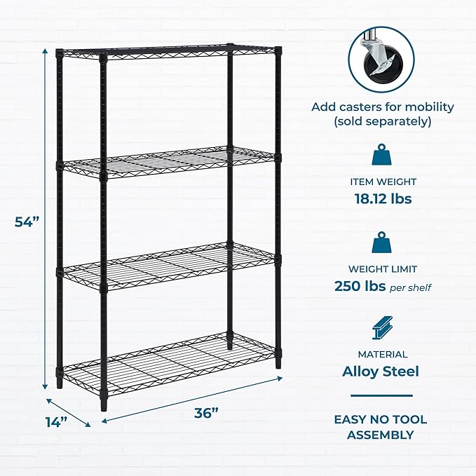 Honey-Can-Do 4-Tier Heavy-Duty Adjustable Shelves, Metal Storage Rack with 250-lb Shelf Capacity, Black, 14" W x 36" L x 54" H