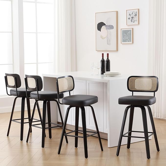 Bekrvio Swivel Bar Height Stools Set of 4, Upholstered Faux Leather Barstools with Rattan Back, 29" Seat Height Tall Bar Stools for Kitchen Counter, Black Wood Frame, Black
