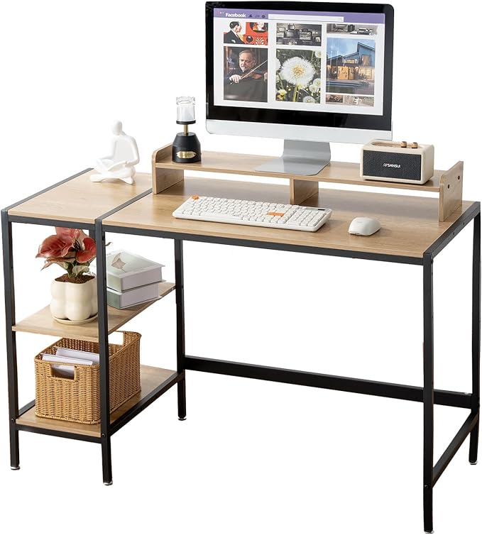 MINOSYS 47-inch Computer Desk with Storage Shelf - Natural Wood Ideal Gaming Desk for Bedrooms, Small Spaces, and Home Offices Modern Writing Desk for PCs.