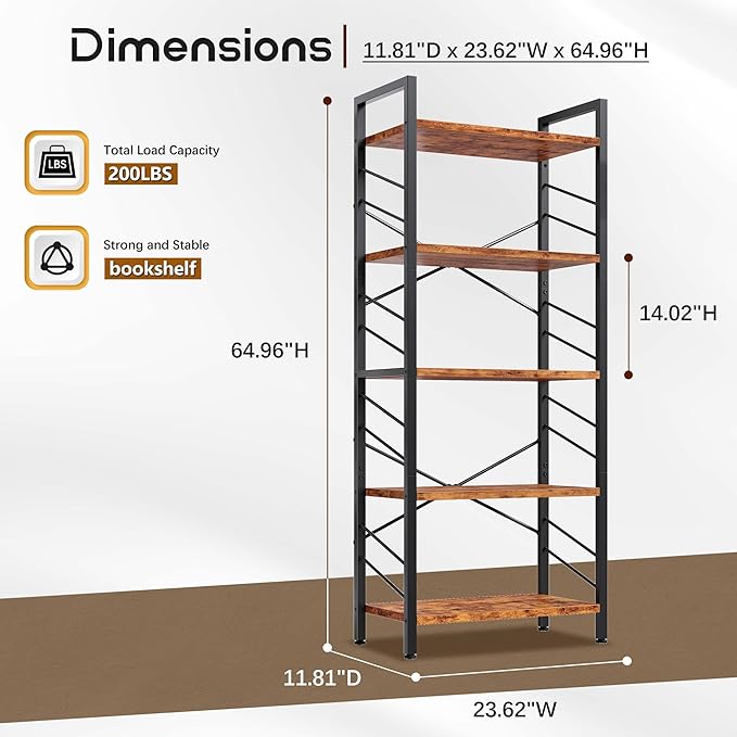DurayLoly 2 Pieces Book Shelf, 5 Tier Tall Bookshelf with Metal Frame and Sidebars, Modern Bookcase for Bedroom, Home Office and Living Room, Rustic Brown
