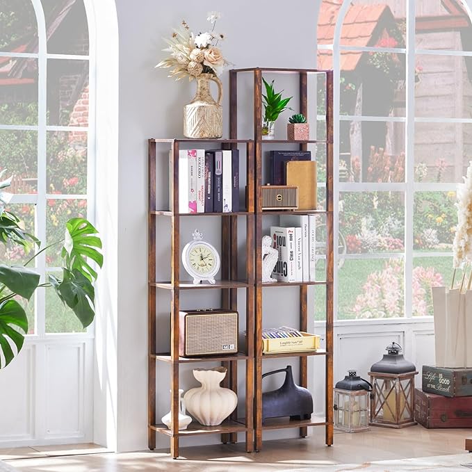 YUFAM 54in Tall Bookshelf 5-Tier Small Narrow Bookcase, Skinny Book Shelf for Small Space, Farmhouse Slim Shelf with Storage, Wood Freestanding Display Thin Bookshelves for Living Room, Office, Brown