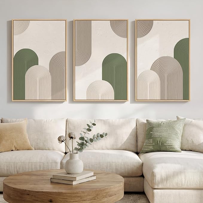 Framed Green Beige Abstract Wall Art for Living Room, 3 Piece Large Neutral Modern Minimalist Canvas Artwork for Walls, Boho Bauhaus Geometric Painting Prints for Bedroom Office Wall Decor, 24x36 Inch