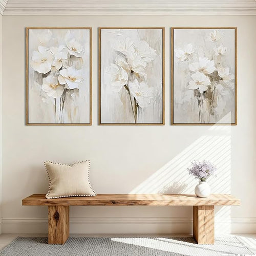 Anyzal Large Framed Beige Floral Wall Art Neutral Flower Wall Decor for Living Room Bedroom Dining Room 24x36 Inch Set of 3