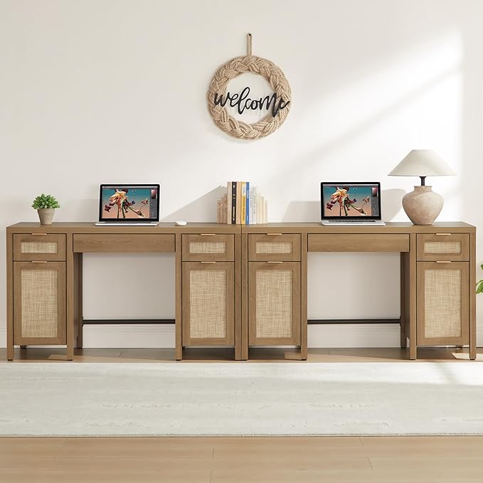 SICOTAS Home Office Desk with Storage - Rattan Executive Desk with Drawers and Cabinets, Farmhouse Large Computer Writing Table for Study, Office, Living Room, Oak (2 Pieces)
