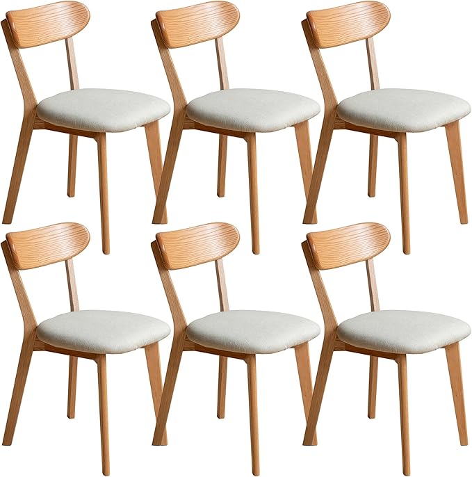 Modern Solid Wood Dining Chair Set of 6, Kitchen Dining Room Chair with Upholstered Cushion and Seat Cover, Curved Backrest, 100% FAS Grade North America Oak Wood
