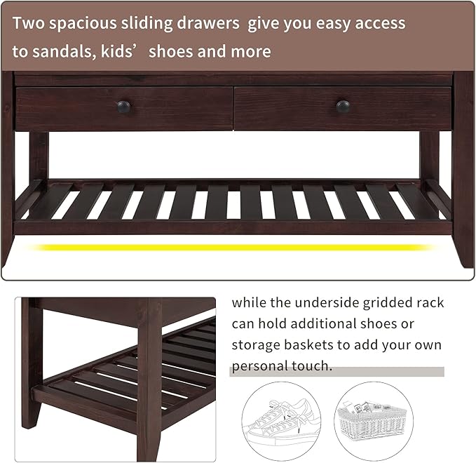 LUMISOL Storage Bench, Shoe Rack with Upholstered Seat and 2 Drawers, Solid Wood Entryway Storage Bench with Shoe Rack for Entryway, Living Room, Bedroom, Espresso