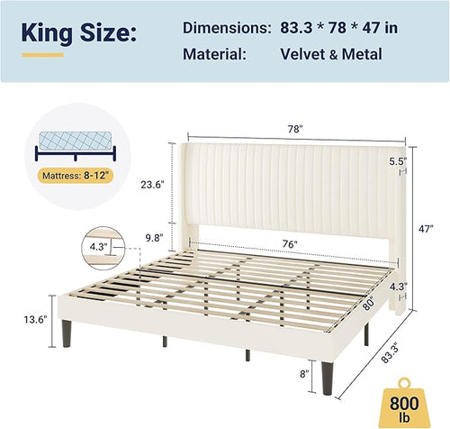 Allewie King Size Velvet Bed Frame/Vertical Channel Tufted Wingback Headboard/Upholstered Platform Bed/No Box Spring Needed/Strong Wooden Slats/Easy Assembly/Cream White