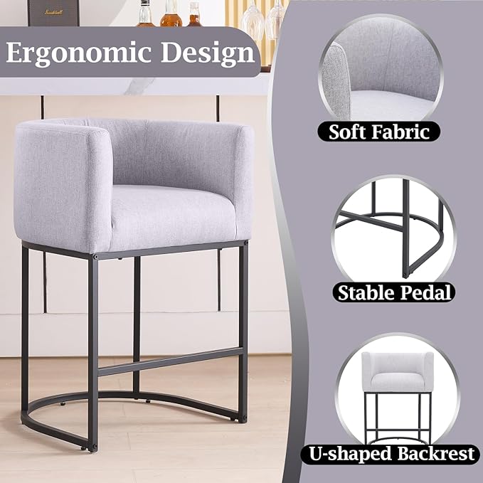 ClinQ 26" H Counter Height Bar Stools Set of 2, Modern Barrel Counter Stools with Backrest and Arms, Black Metal Frames, Linen Fabric Upholstered Accent Barstools for Kitchen Island, Light Grey