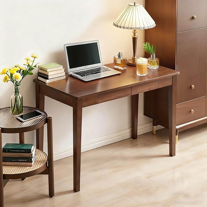 Solid Wood Desk,40" Oak Wooden Desk with Drawers,Mid Century Modern Small Computer Desk with Drawers for Small Spaces Home Office Solid Wood Writing Desk (Walnut Color-2, 40")