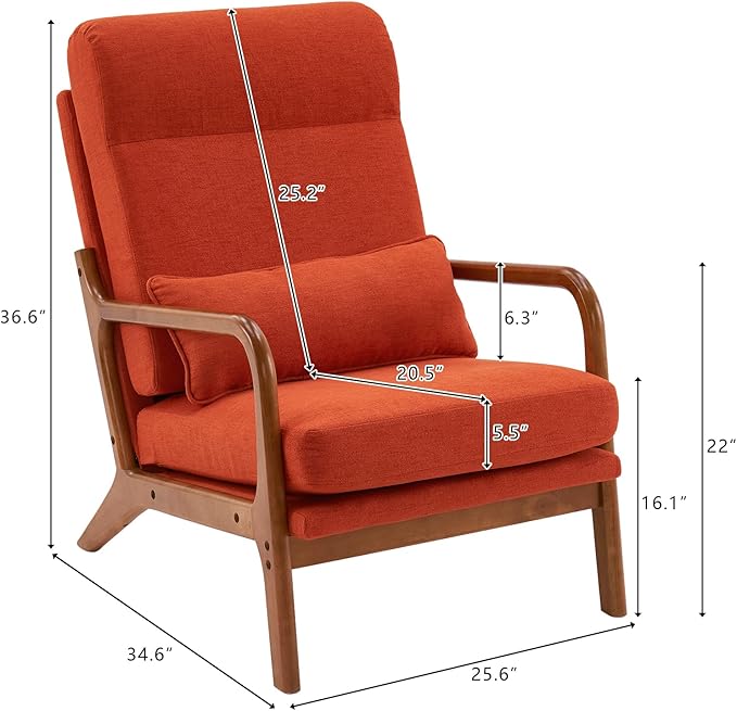 Karl home Accent Chair Mid-Century Modern Chair with Pillow High Back Linen Fabric Upholstered Lounge Arm Chair with Solid Wood Frame & Soft Cushion for Living Room, Bedroom, Balcony, Burnt Orange
