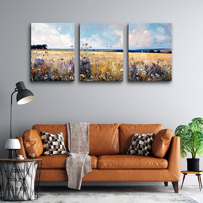 TTHYUEWS Wall Art For Bedroom Canvas Wall Decor For Living Room Field Scenery Wall Paintings Abstract Pictures Office Decorations Framed Prints Artworks Modern Bathroom Room Home Decor 3 Piece