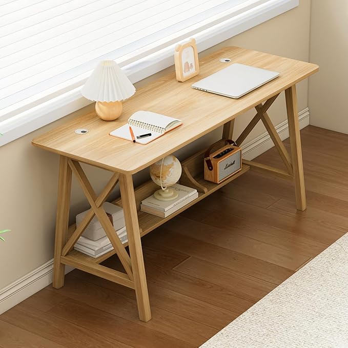 NELYE Extra Long Desk with Bookshelf - Wooden Home Office Work Study Table, Writing Computer Workstation with Storage Shelf in Oak, 47" Wx16 Dx30 H