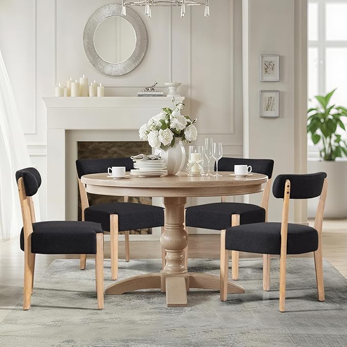 ZJhome Dining Chairs Set of 4, Mid-Century Modern Wooden Kitchen Chairs with Linen Upholstery - Low-Back Woven Design for Kitchen & Dining Room,Black Fabric