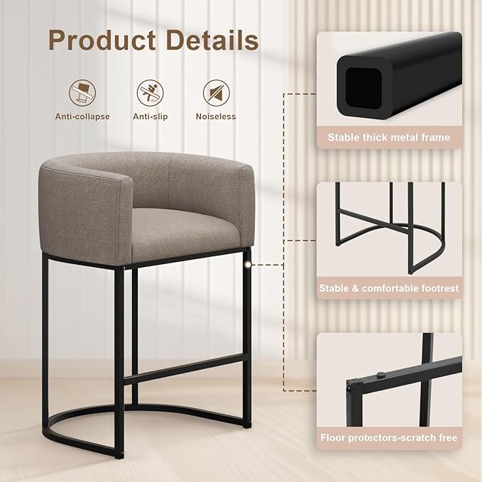 26" H Counter Height Bar Stools Set of 1, Modern Barrel Counter Stools with Backrest and Arms, Linen Fabric Upholstered Accent Barstools for Kitchen Island,Support 450 LBS (Sand)