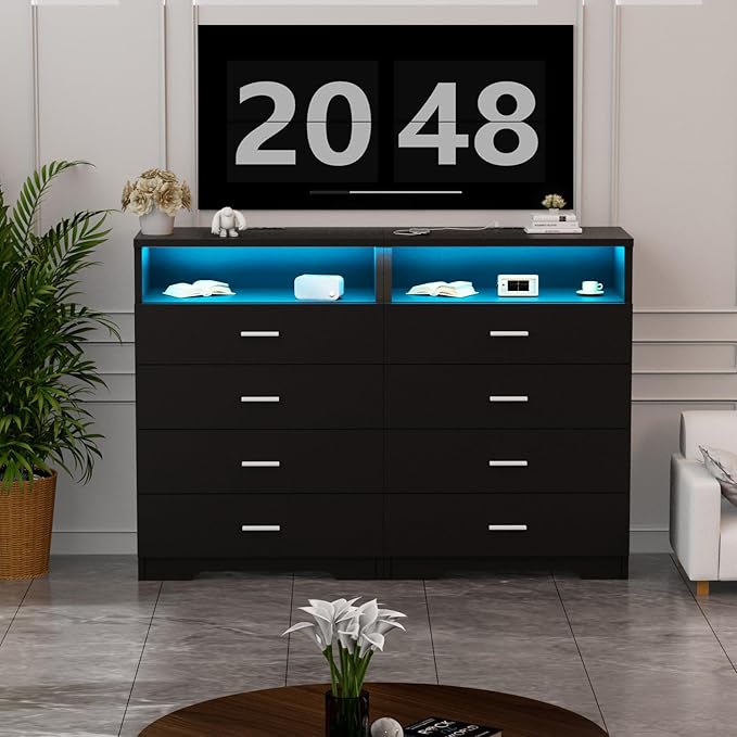FJTJBSI Dresser with Power Outlets and LED Lights Wooden 4 Drawer Dresser with Large Organizer Tall Black Drawer for Bedroom Modern Chest of Drawers Closet for Living Room Kids Room
